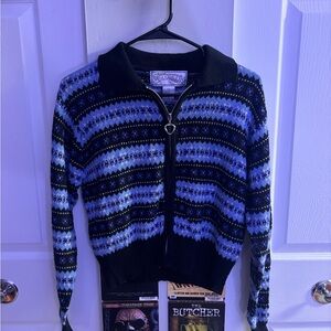 Nuggets Vintage Blue and Black Patterned Zip-Up Sweater
